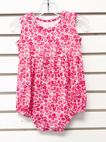 Baby girl pink floral sleeveless bubble romper with snap closure, size 18 months