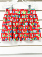 Red Christmas village print gathered skirt with houses, trees, and cars, size 3