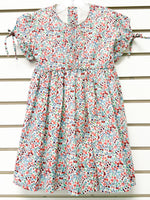 Girl's white floral cotton dress with tied sleeves and gathered skirt, size 3