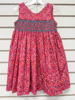 Red floral sleeveless girls dress with teal smocked bodice, size 3