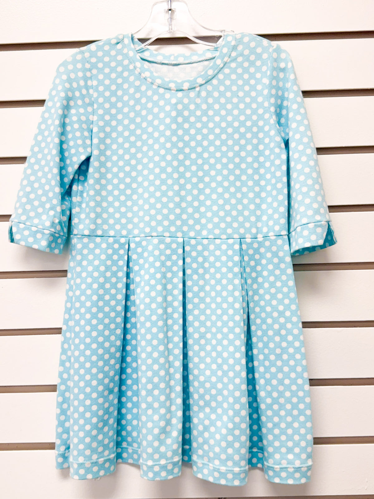 Girls size 3 light blue polka dot dress with 3/4 sleeves and pleated skirt