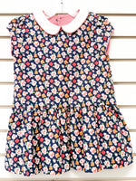 Navy floral rose print girls dress with white Peter Pan collar, drop waist, size 3