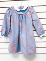 Girls blue plaid long-sleeve dress with white Peter Pan collar and cuffs, size 4
