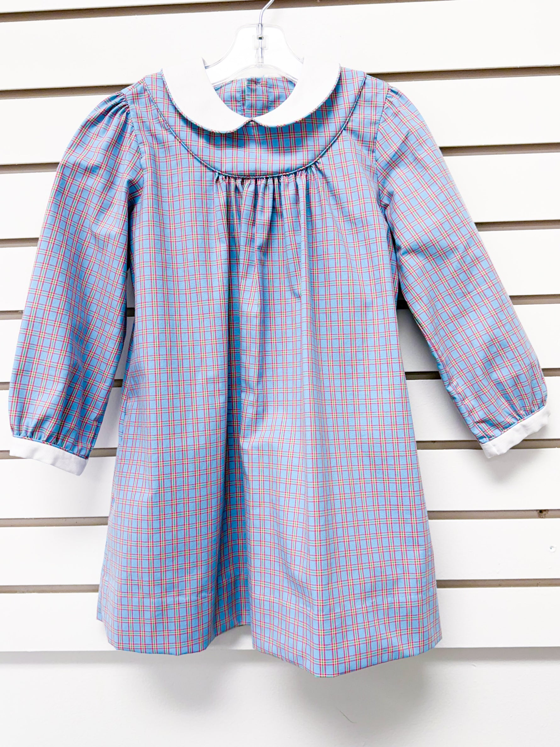 Girls blue plaid long-sleeve dress with white Peter Pan collar and cuffs, size 4