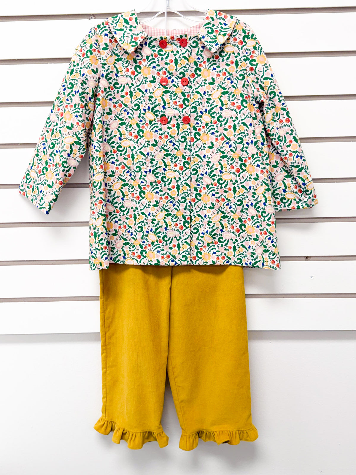 Girls size 3 floral top with red buttons and mustard ruffle-hem pants set