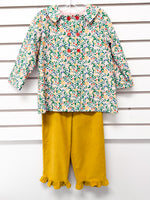 Girls size 3 floral top with red buttons and mustard ruffle-hem pants set