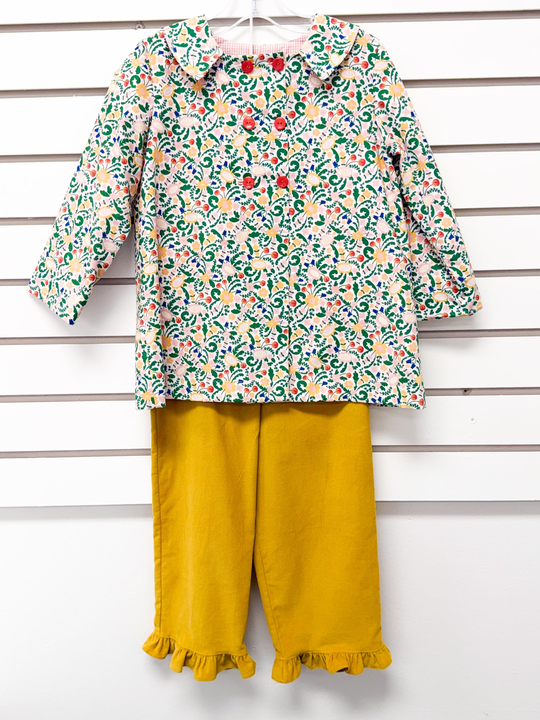 Girls size 3 floral top with red buttons and mustard ruffle-hem pants set
