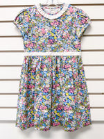 Girl's floral dress, size 4, short sleeves, white ruffle collar and waist band