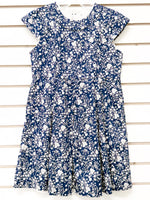 Girls navy blue floral fit-and-flare dress with ruffle collar, size 7 sample