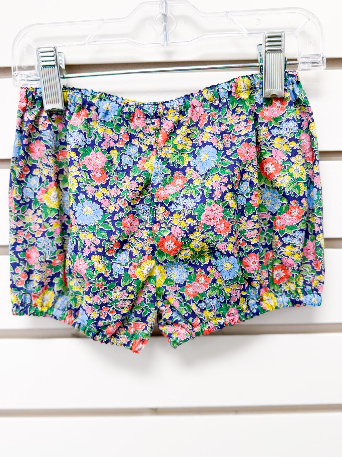 Navy floral print baby bloomers shorts with elastic waist, size 12 months