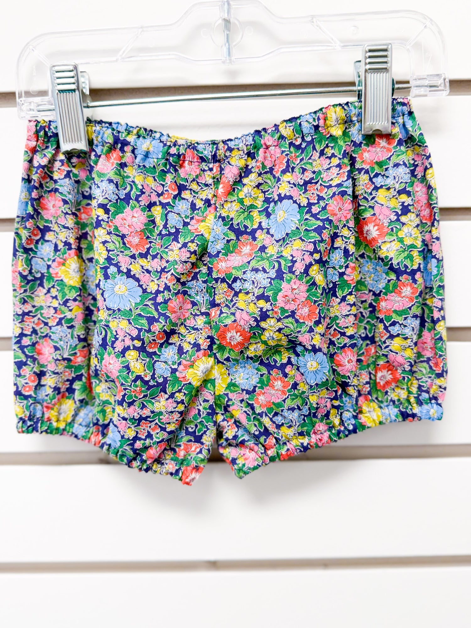 Navy floral print baby bloomers shorts with elastic waist, size 12 months
