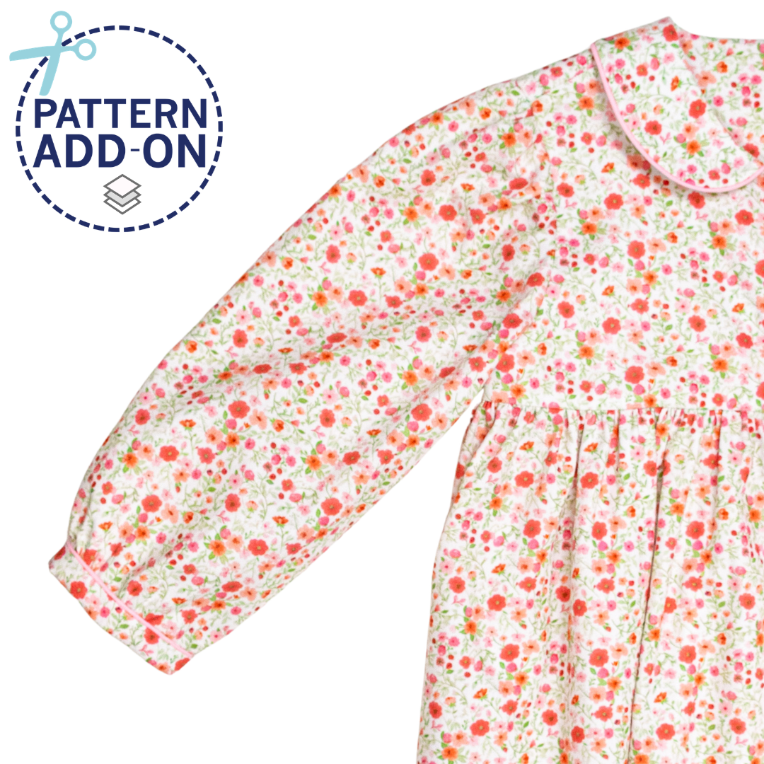 Children's floral dress sleeve with peter pan collar, pink red ditsy print, gathered cuff