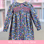 Navy Christmas print smocked bishop dress kit with pink smocking and ruffle collar