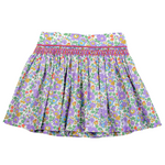 Betsy R Liberty of London floral mini skirt in purple, blue, and green with smocked waistband