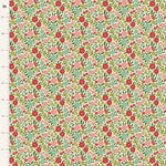 Green floral cotton fabric with pink and red flowers, dense allover pattern
