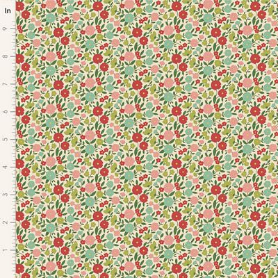 Green floral cotton fabric with pink and red flowers, dense allover pattern