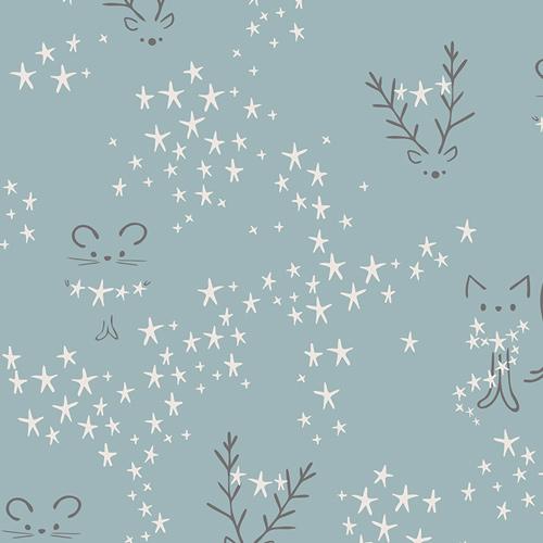 Dusty blue cotton knit fabric with white stars and whimsical animal face prints