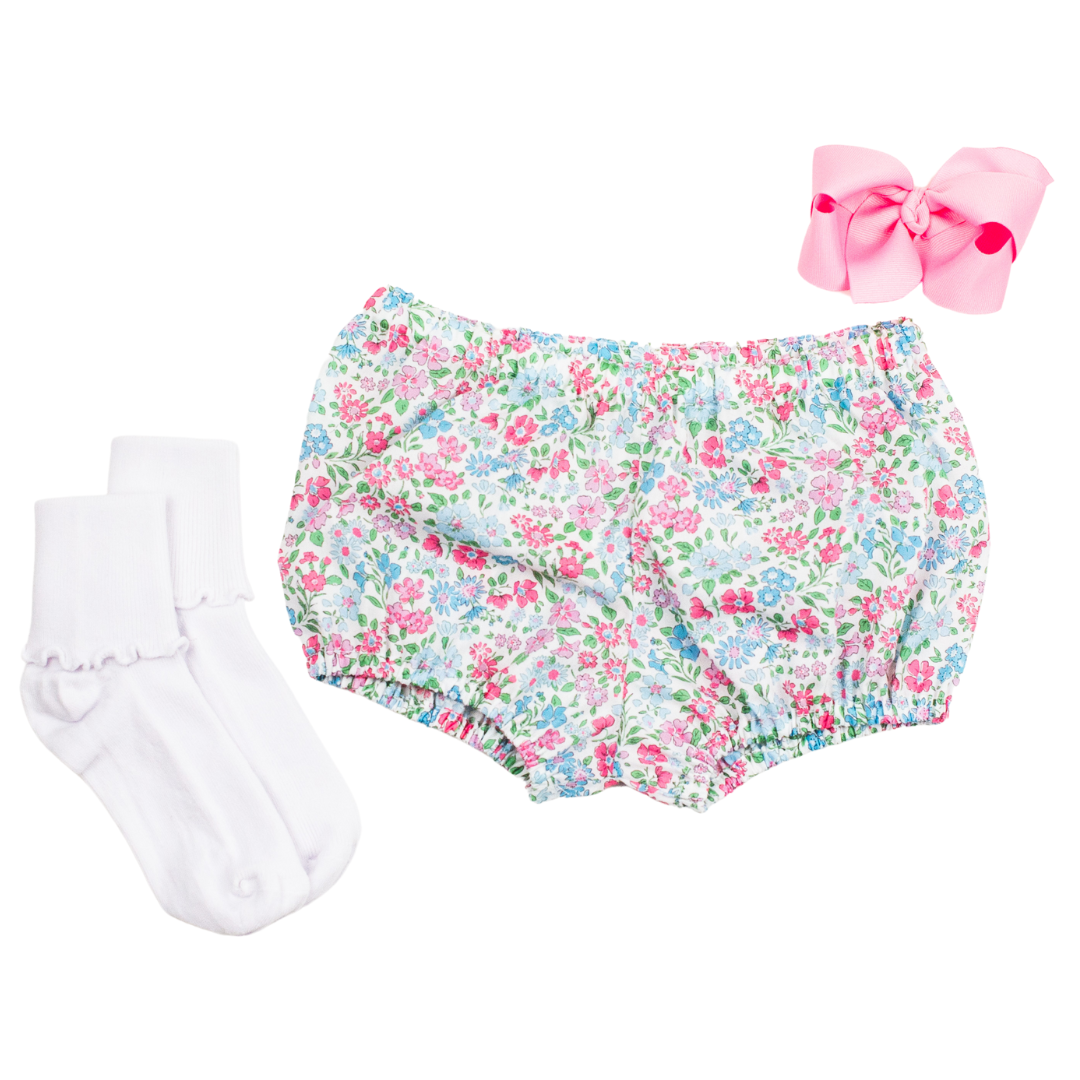 Liberty of London floral bloomer set with white ruffle socks and pink grosgrain bow