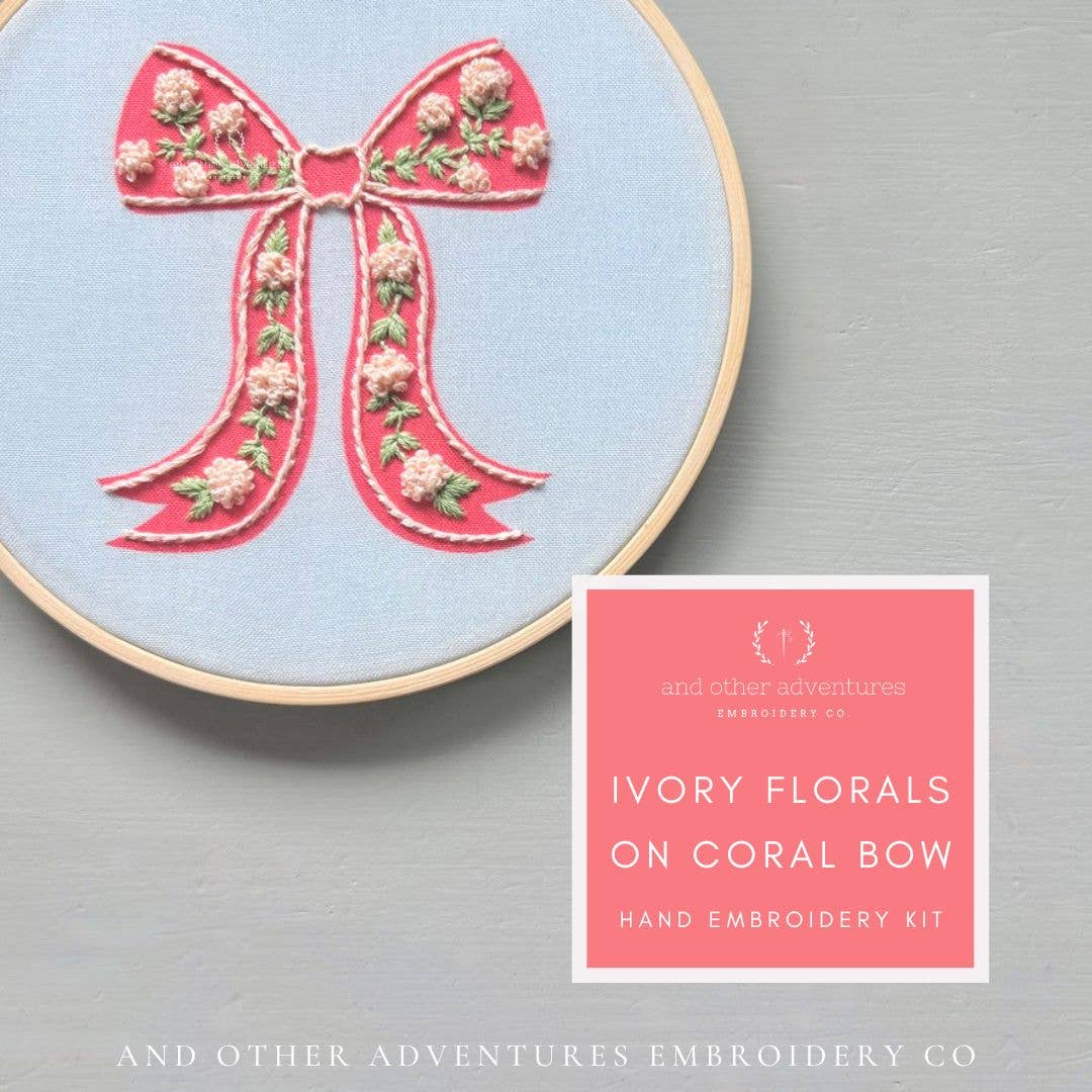 Hand Embroidery Kit - Ivory Florals on Coral Bow