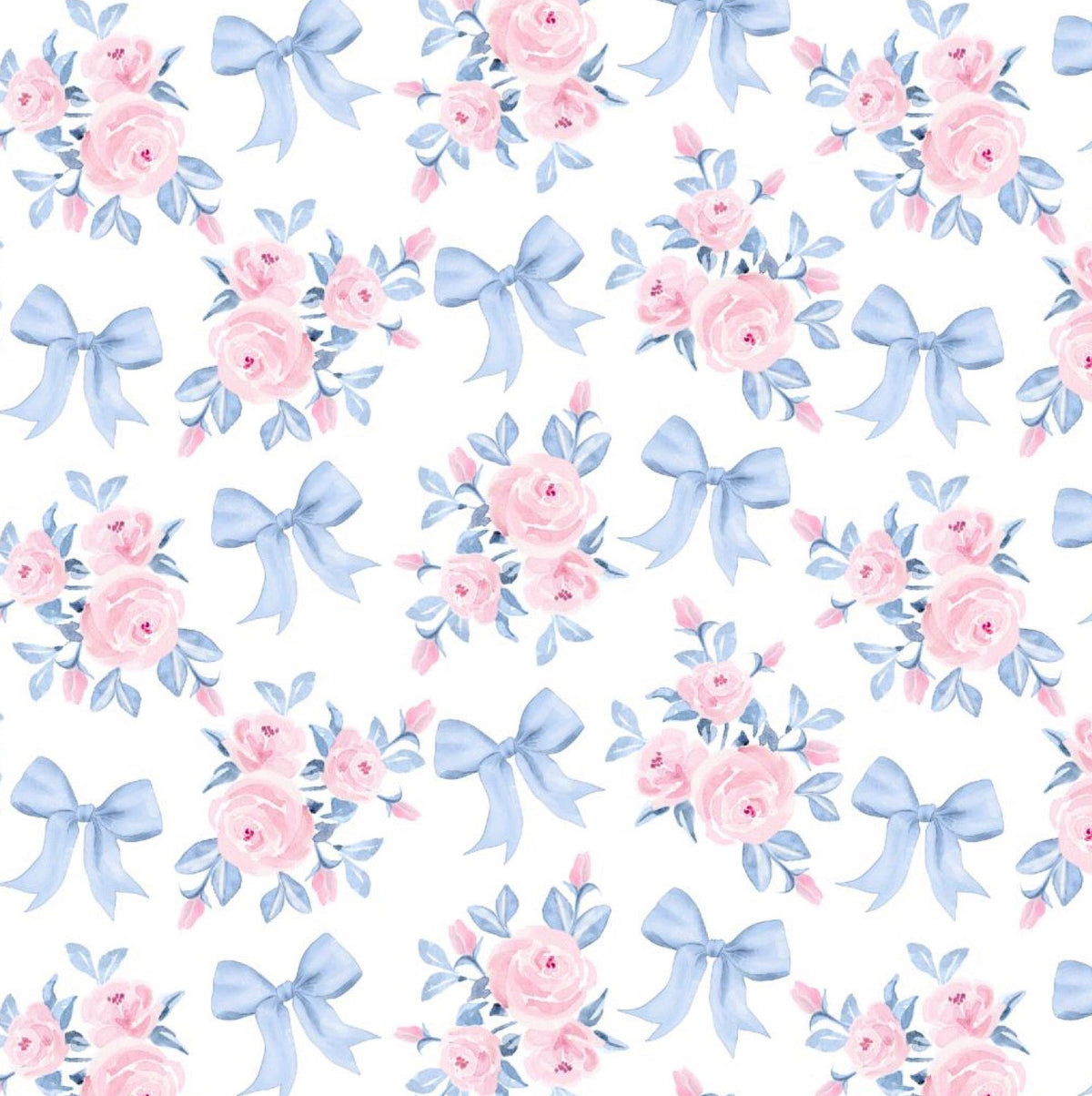 Pattern of blue floral bows and pink flowers on a white background