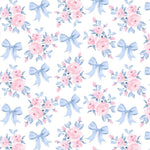Pattern of blue floral bows and pink flowers on a white background