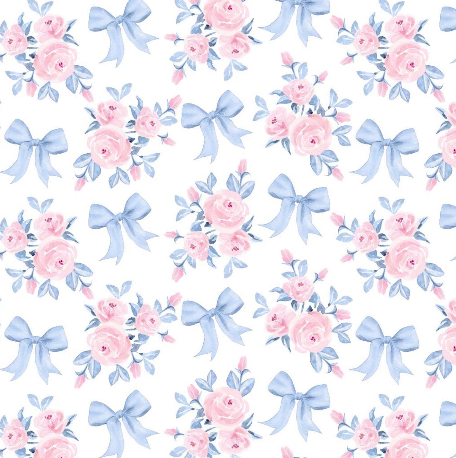 Pattern of blue floral bows and pink flowers on a white background