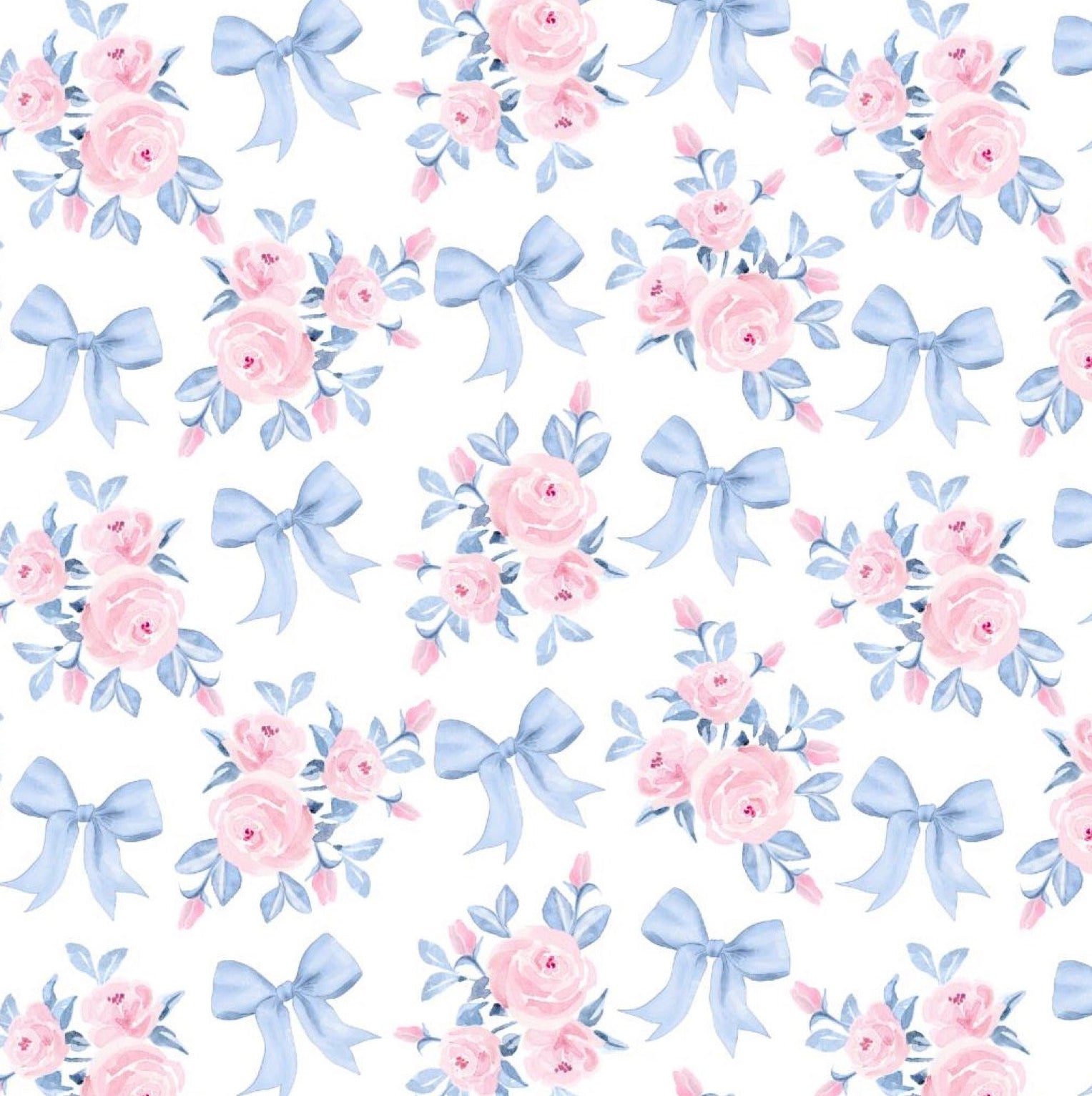Pattern of blue floral bows and pink flowers on a white background