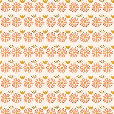 Soft pink fabric with repeating coral daisy and gold tulip floral pattern rows