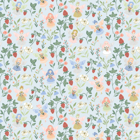 Light blue fabric with fairies, strawberries, flowers, and green vines allover pattern