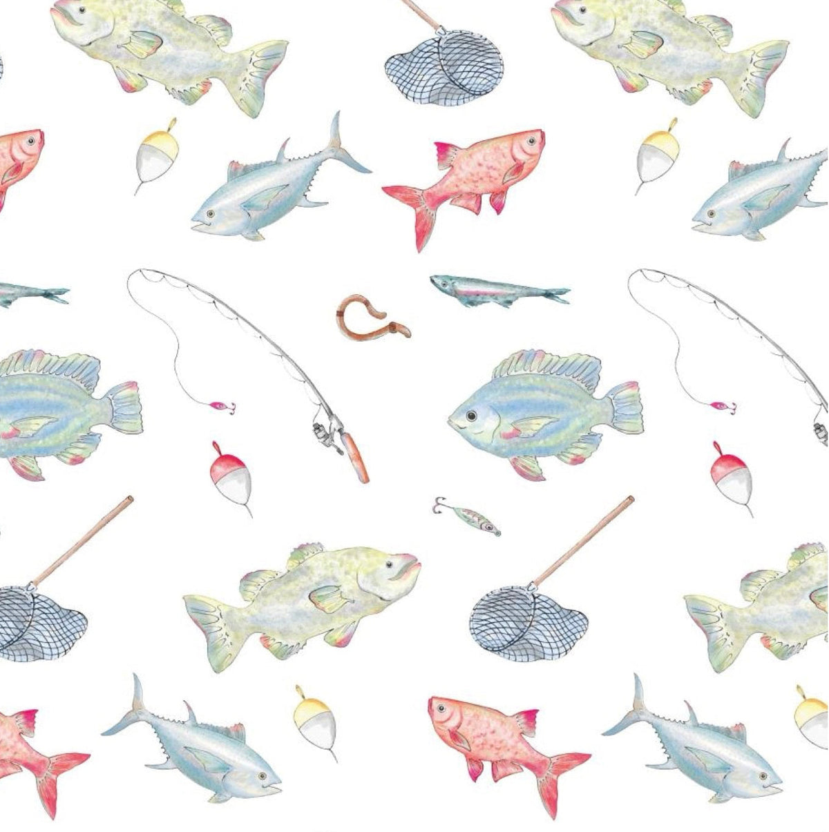 Watercolor fishing print knit fabric with fish, rods, nets, and bobbers on white