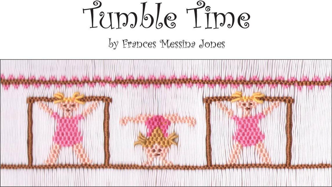 Tumble Time smocking plate showing gymnast girls in pink leotards on balance bars