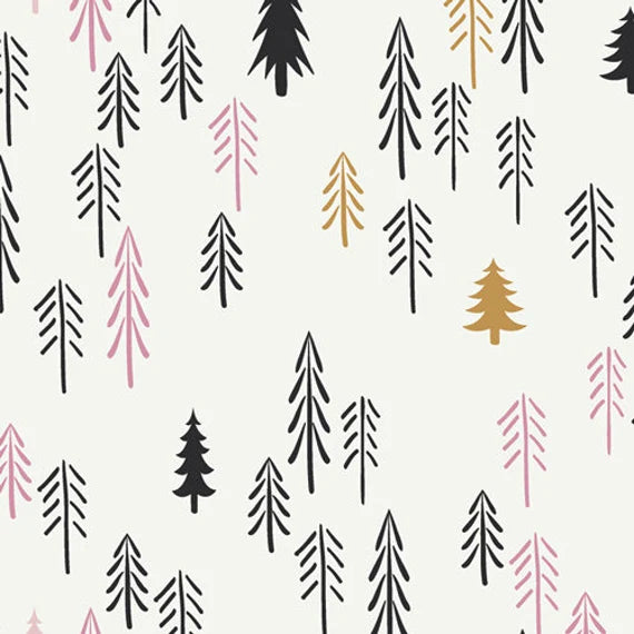 Ivory knit fabric with black, pink, and gold illustrated pine tree pattern