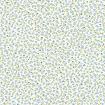 Cream fabric with scattered blue daisy flowers and green vines allover print