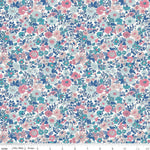 Riley Blake Emily Annabelle E white fabric with pink, teal, and navy floral print