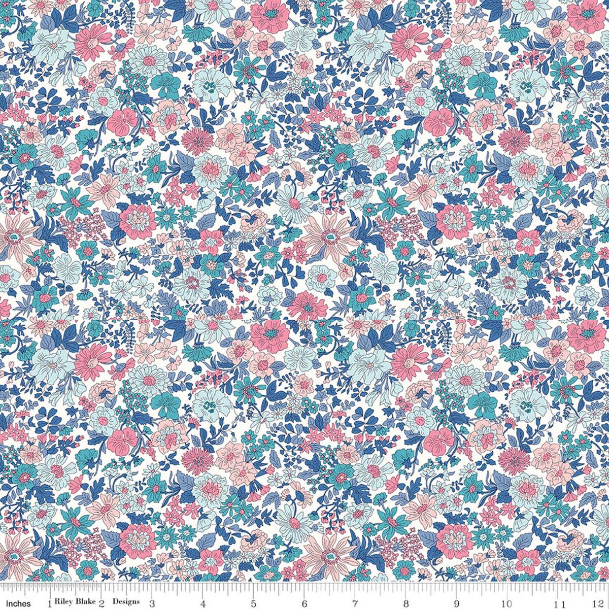 Riley Blake Emily Annabelle E white fabric with pink, teal, and navy floral print
