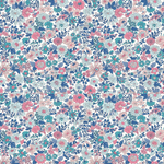 Riley Blake Emily Annabelle E fabric, dense pink teal navy floral print on white