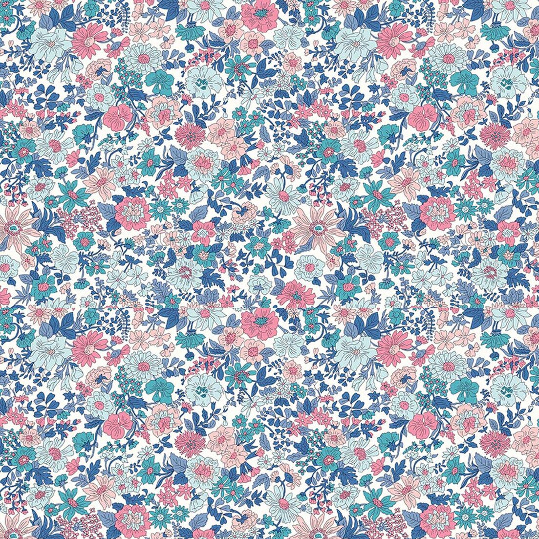 Riley Blake Emily Annabelle E fabric, dense pink teal navy floral print on white