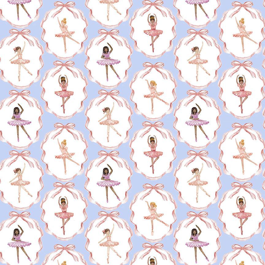 Blue cotton fabric with pink-framed oval cameos featuring diverse ballerina illustrations