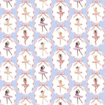 Blue cotton fabric with pink-framed oval cameos featuring diverse ballerina illustrations