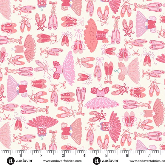 Cream fabric with pink ballet shoes, tutus, and fairy wings scattered pattern