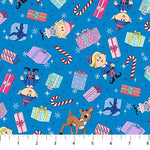Blue cotton fabric with Rudolph, elves, candy canes, and colorful gift boxes tossed pattern
