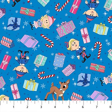 Blue cotton fabric with Rudolph, elves, candy canes, and colorful gift boxes tossed pattern