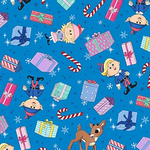 Blue fabric with Rudolph, elves, candy canes, snowflakes, and colorful gift boxes
