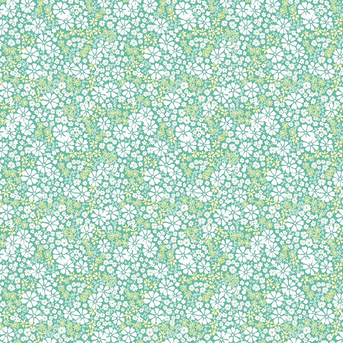 Teal fabric with dense white and yellow-green floral pattern, small ditsy flowers