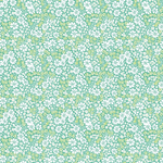 Teal fabric with dense white and yellow-green floral pattern, small ditsy flowers