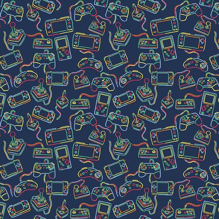 Navy fabric with neon-outlined retro video game controllers and joysticks allover pattern