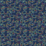 Navy fabric with neon-outlined retro video game controllers and joysticks allover pattern