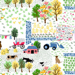 Farm scene cotton fabric with barn, tractor, animals, trees, and wagon on white background