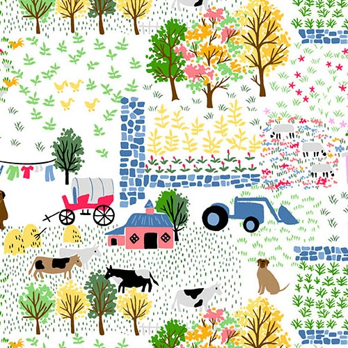 Farm scene cotton fabric with barn, tractor, animals, trees, and wagon on white background