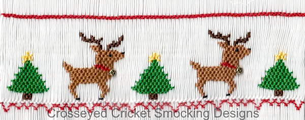 Smocked fabric panel with embroidered reindeer and Christmas trees in red and green